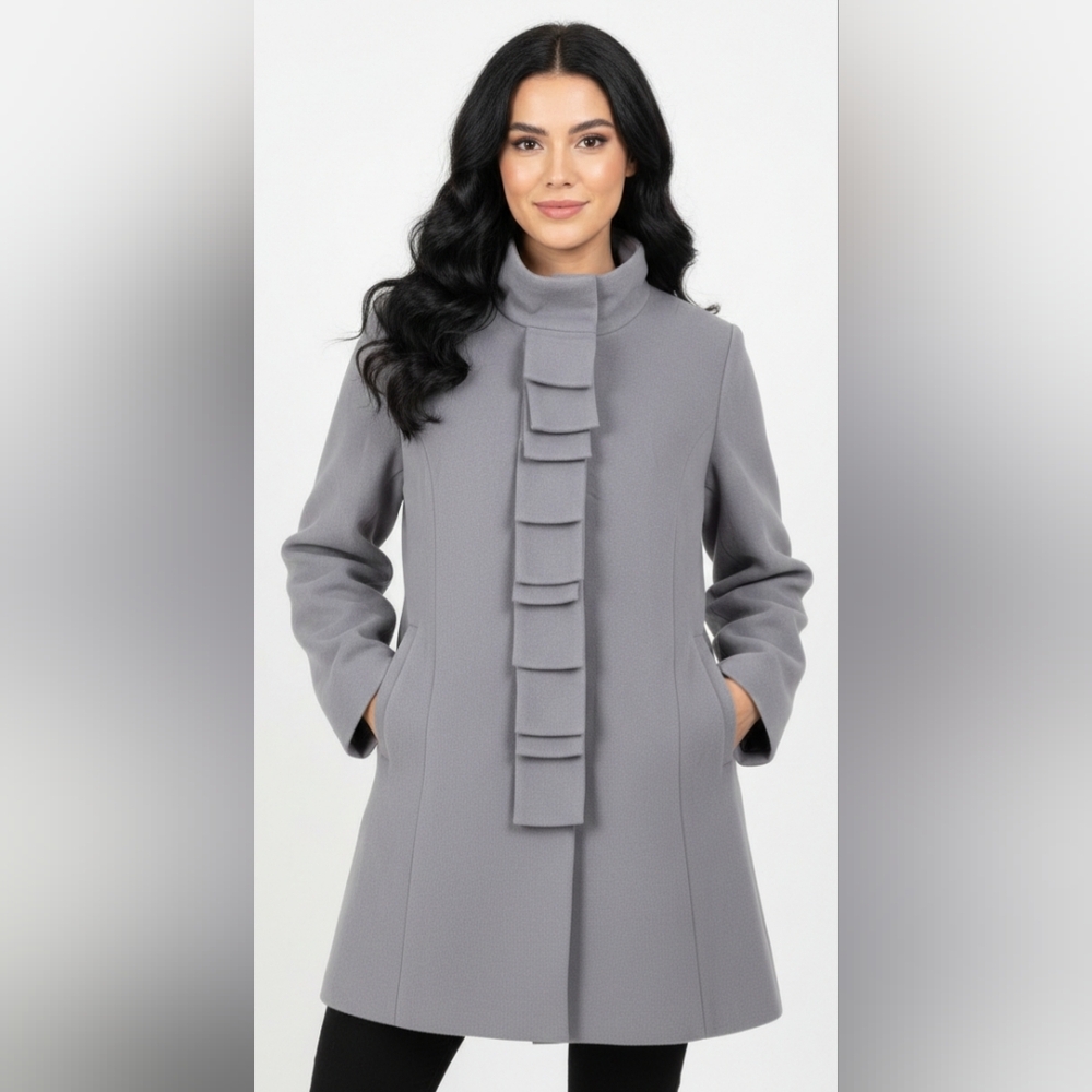 NWOT Garnet Hill Gray Ribbon Candy Ruffle Front Wool Coat Size 18 - Picture 1 of 16
